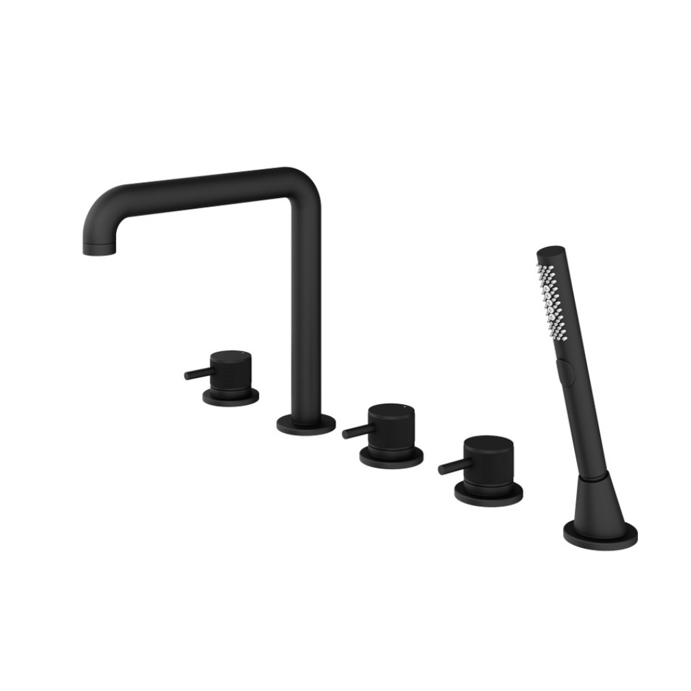 Product Cut out image of the Abacus Iso Pro Matt Black Deck Mounted 5 Tap Hole Bath Shower Mixer